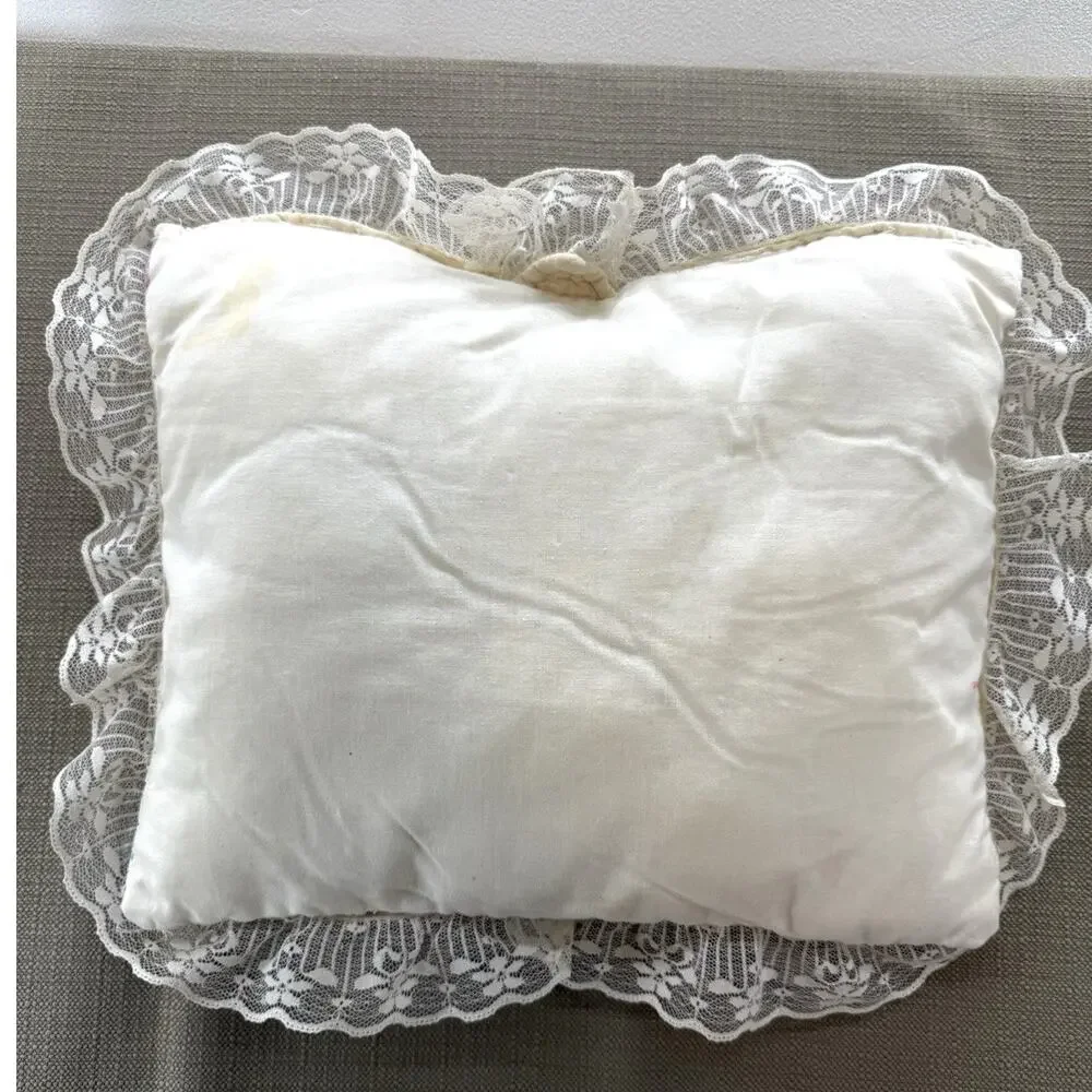 Vintage Hand Quilted Double Wedding Ring Feed Sack Pillow 14x12 Lace 1920s